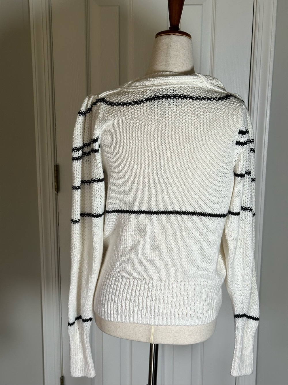 Brochu Walker Sasha Striped White V-Neck Sweater with Black Stripes - Picture 8 of 10